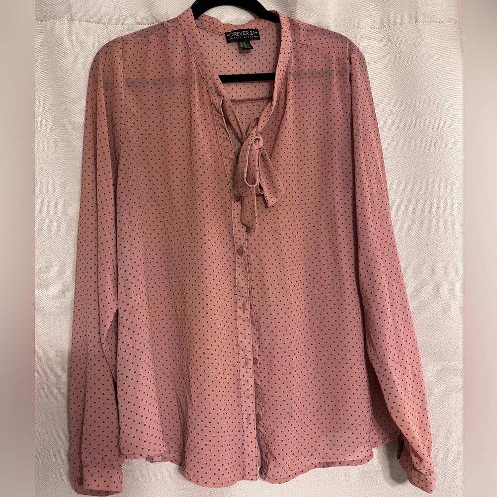 3X Pink and Black Polka Dot Tie Neck Long Sleeve Blouse